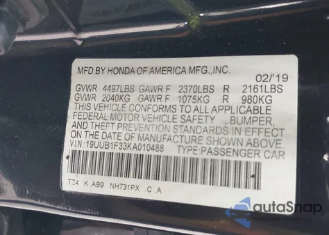 2019 Acura Tlx Standard из США, поврежденный, VIN 19UUB1F33KA010488